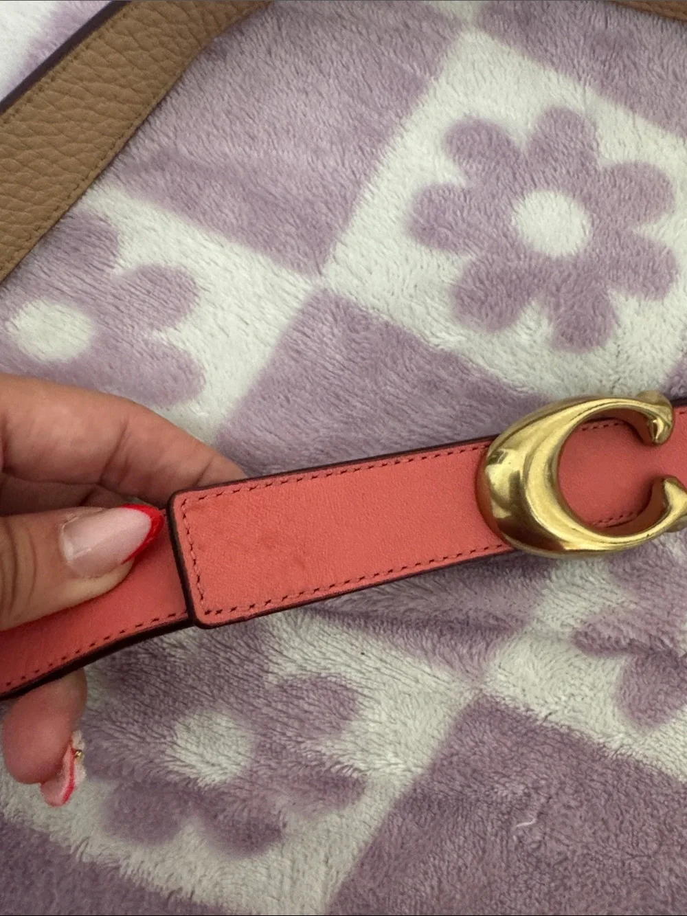 Coach Coral Leather Belt with Gold Signature Buckle